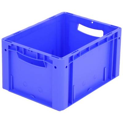 Een lege, blauwe kunststof kist met handgrepen, ideaal voor opslag of transport van goederen en materialen.