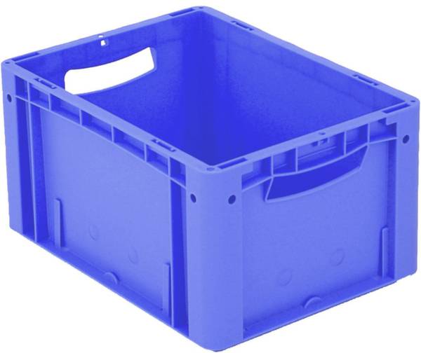 Blauwe kunststof kist met handgrepen, ideaal voor opslag en transport.
