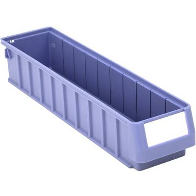 Langwerpige, paarse kunststof container met een etikettenruimte aan de voorkant.
