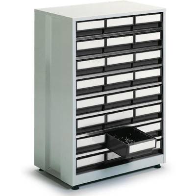 Een hoge kast met meerdere kleine, open lades die witte etiketten dragen, waarschijnlijk bedoeld voor de opslag van kleine onderdelen.