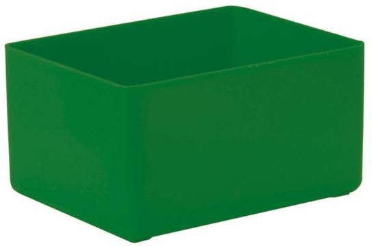 Een rechthoekige, groene opslagcontainer zonder zichtbaar deksel, geschikt voor het opslaan van voorwerpen.