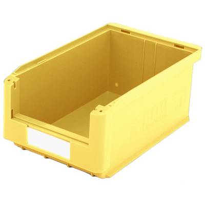 Gele kunststof opslagbox met rechthoekige vorm en open zijden voor gemakkelijke toegang, ideaal voor opslag.