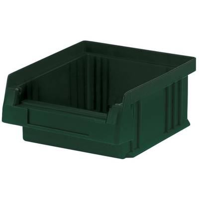 Een groene, rechthoekige opslagcontainer met open voorzijde, ideaal voor het opslaan of organiseren van kleinere voorwerpen.