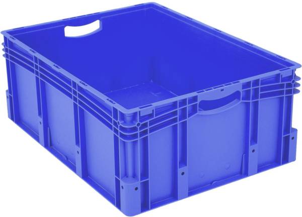 Blauwe kunststof opbergkist met handgrepen en versterkte hoeken, geschikt voor opslag of transport van voorwerpen.