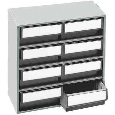 Metalen ladenkast met negen laden, waarvan er één open staat. Geschikt voor het opbergen van kleine voorwerpen of gereedschappen.