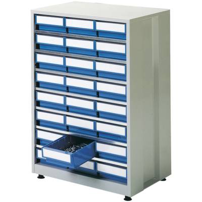 Metalen kast met blauwe laden, waarbij één lade open staat en verschillende kleine metalen voorwerpen bevat.