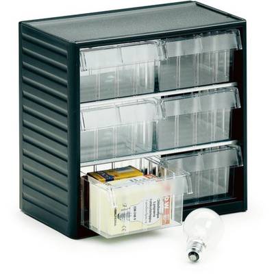 Zwart, compact kunststof opslagrek met negen transparante laden; een lade staat open en bevat verpakkingen. Naast het rek ligt een gloeilamp.