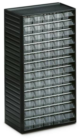 Een zwarte opbergkast met 60 transparante laden, ideaal voor het organiseren van kleine onderdelen in werkplaatsen of kantoren.