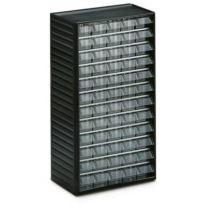Een zwarte opbergkast met 60 transparante laden, ideaal voor het organiseren van kleine onderdelen in werkplaatsen of kantoren.
