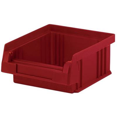 Rode kunststof container met open voorkant, geschikt voor het opbergen of organiseren van kleinere voorwerpen.