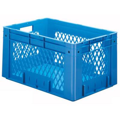 Blauwe plastic kist met roosterachtige zijkanten, leeg en bovenaan open. Geschikt voor opslag of transport van voorwerpen.