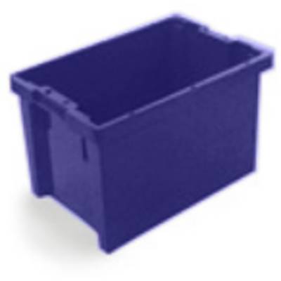 Een lege, blauwe, rechthoekige plastic doos met versterkte randen en een afneembaar deksel.