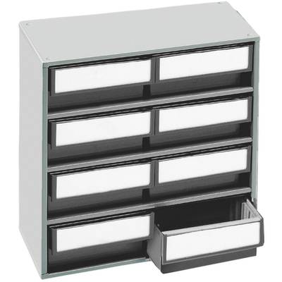 Metalen kasten met acht laden, waarbij één lade half open staat. Kast bedoeld voor het opbergen van kleine voorwerpen.
