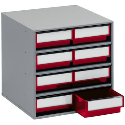 Metalen kast met acht kleine rode laden, waarvan één is uitgetrokken. Ideaal voor het opbergen van kleine voorwerpen of documenten.