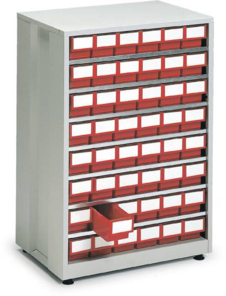 Een metalen kast met meerdere rood-witte laden, waarvan één geopend is, voor de opslag van kleine voorwerpen of gereedschappen.