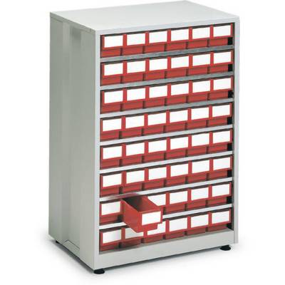 Een metalen kast met meerdere rood-witte laden, waarvan één geopend is, voor de opslag van kleine voorwerpen of gereedschappen.