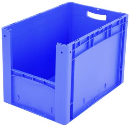 Blauwe kunststof kist met zijgrepen, rechthoekig en open, geschikt voor opslag en transport.