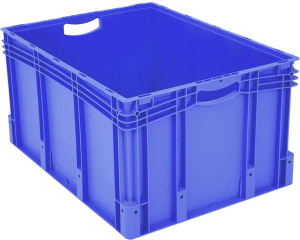 Blauwe kunststof kist met versterkte randen en handgrepen, geschikt voor opslag en transport.