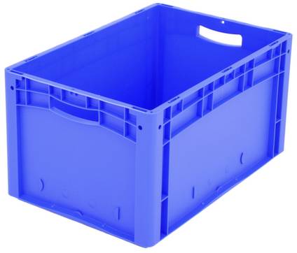 Blauwe kunststof kist met handgrepen, rechthoekige vorm, geschikt voor opslag en transport.