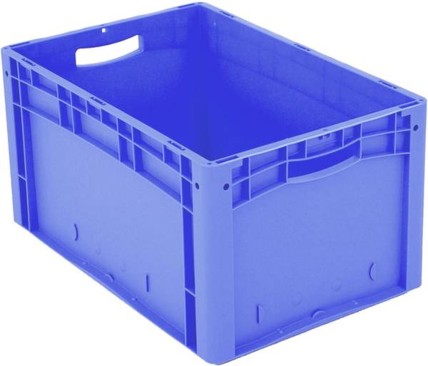 Een blauwe kunststof opbergkist met rechthoekige vorm en een handgreep aan de bovenkant; ideaal voor opslag en transport.