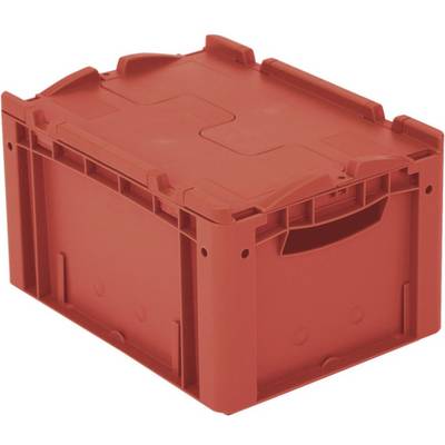Rode kunststof container met deksel, ideaal voor opslag of transport van goederen. Rechthoekige vorm met stevige zijkanten.