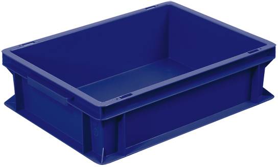 Blauwe kunststof opbergkist in rechthoekige vorm, gebruikt voor opslag of transport van voorwerpen.
