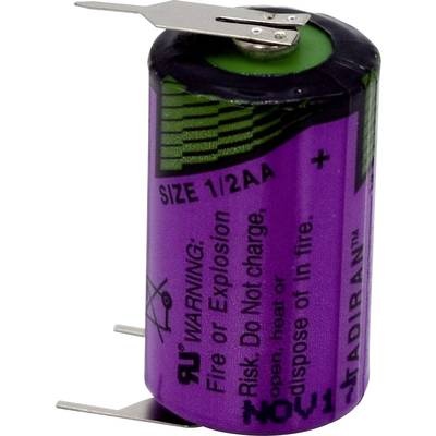 Lila batterij van formaat 1/2 AA met waarschuwing voor brand of explosie, niet oplaadbaar.