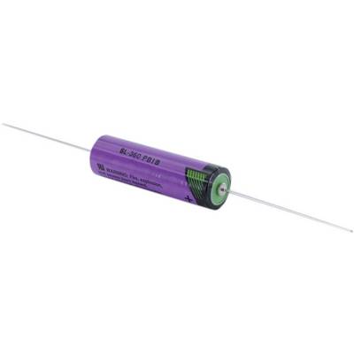 Een cilindrische, paarse weerstand met lange metalen draden aan beide uiteinden, liggend op een wit oppervlak.