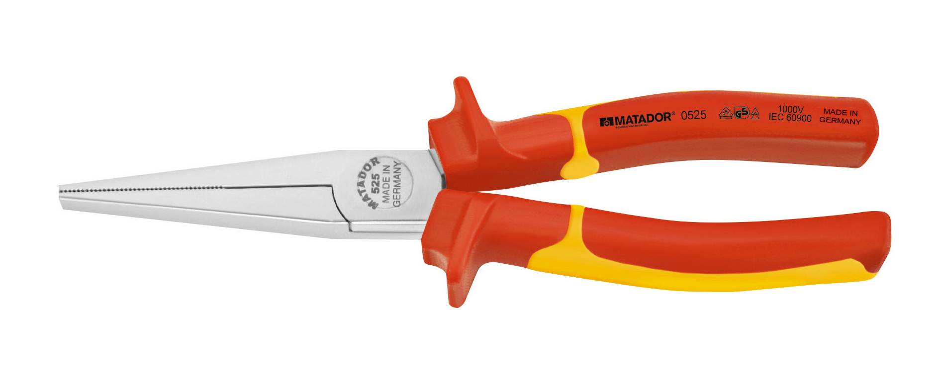 Pincet met rood en geel handvat en metalen punt, fabrieksgegevens ingeslagen op het gereedschap. Geschikt voor nauwkeurige grijpwerkzaamheden.