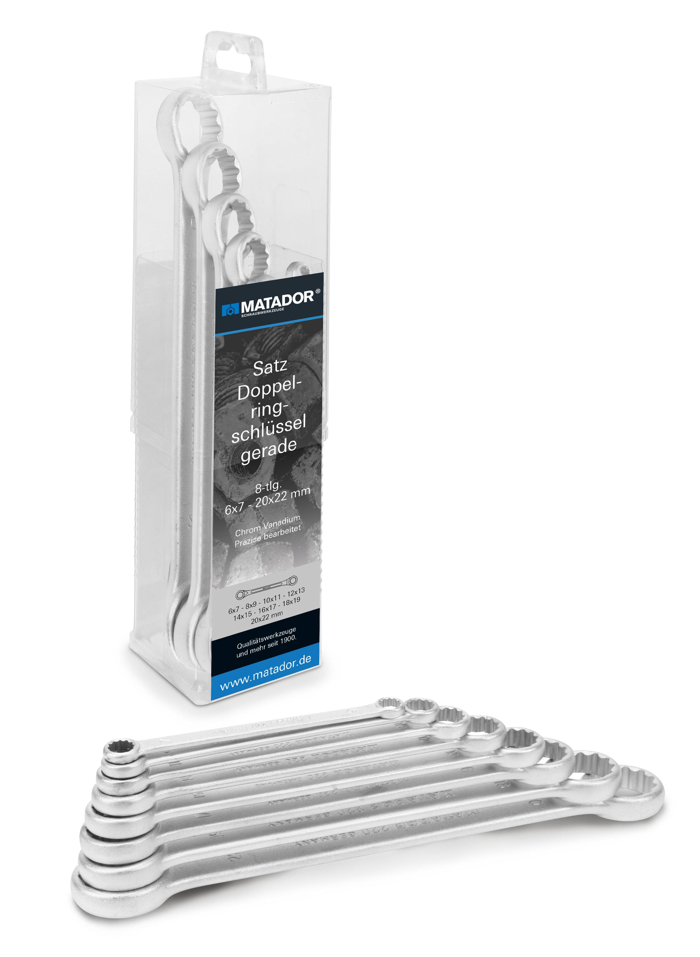 Een set Chroom-Vanadium dubbele ringsleutels in verschillende maten, gepresenteerd in een transparante verpakking.