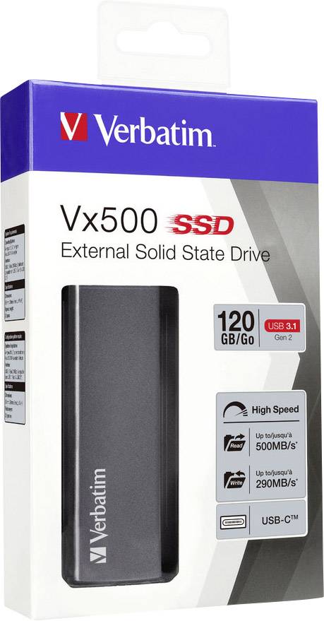 Externe SSD 'Verbatim Vx500' met 120 GB, USB 3.1 Gen 2. Verpakking toont hoge snelheid tot 500 MB/s lezen, 290 MB/s schrijven.