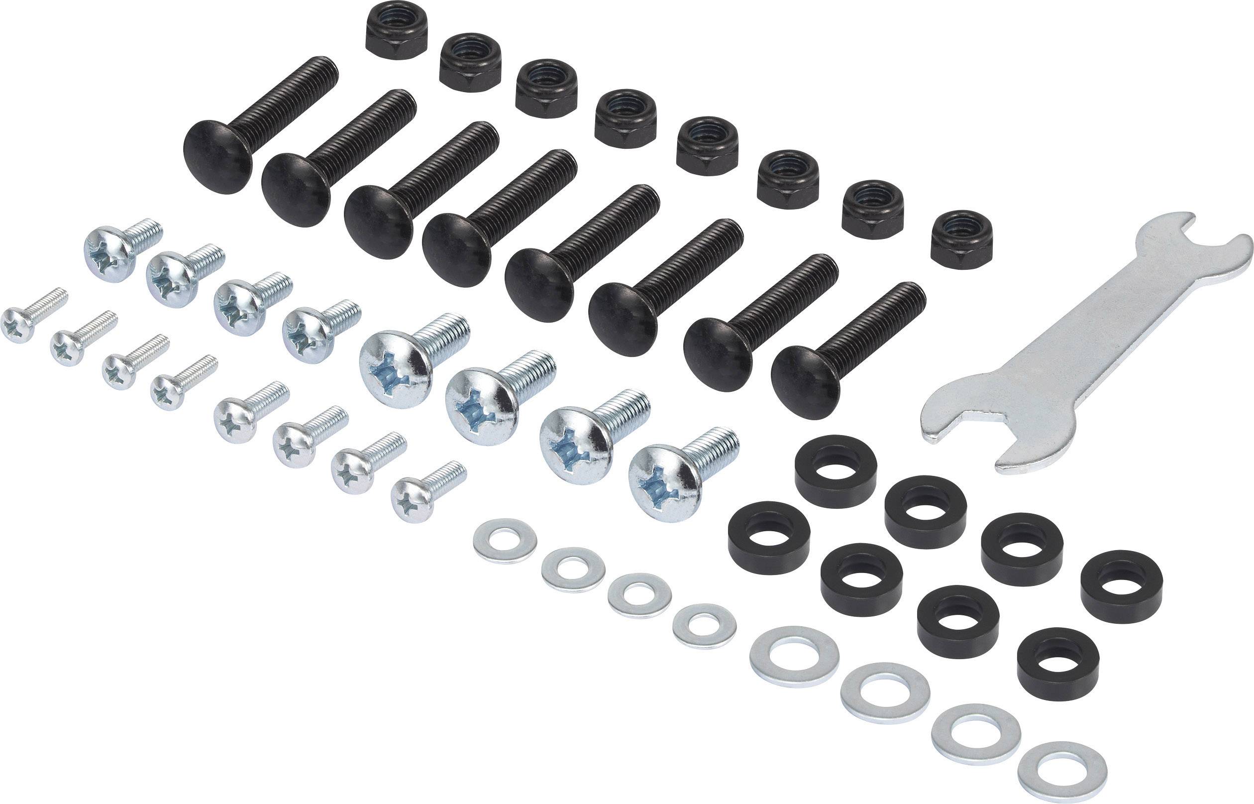 Een set verschillende schroeven, moeren, sluitringen en een moersleutel, weergegeven op een witte achtergrond.