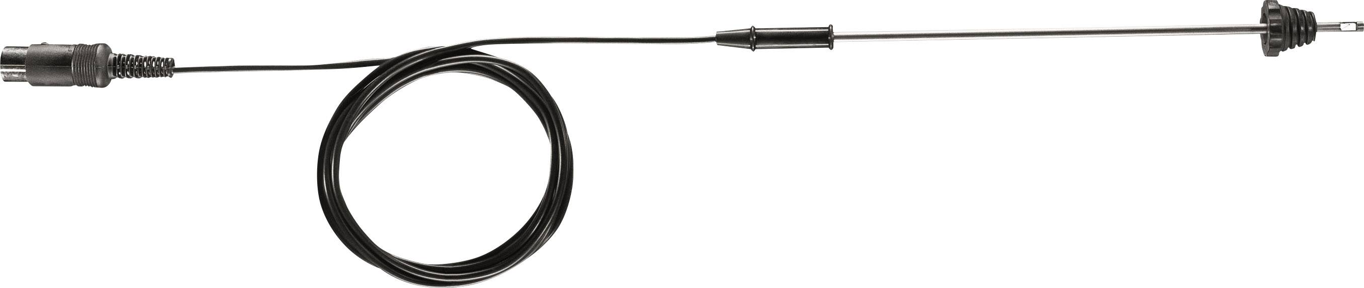 Een lange, zwarte kabel met een antenne aan het uiteinde, geschikt voor radio- of televisie-ontvangst, op een witte achtergrond.
