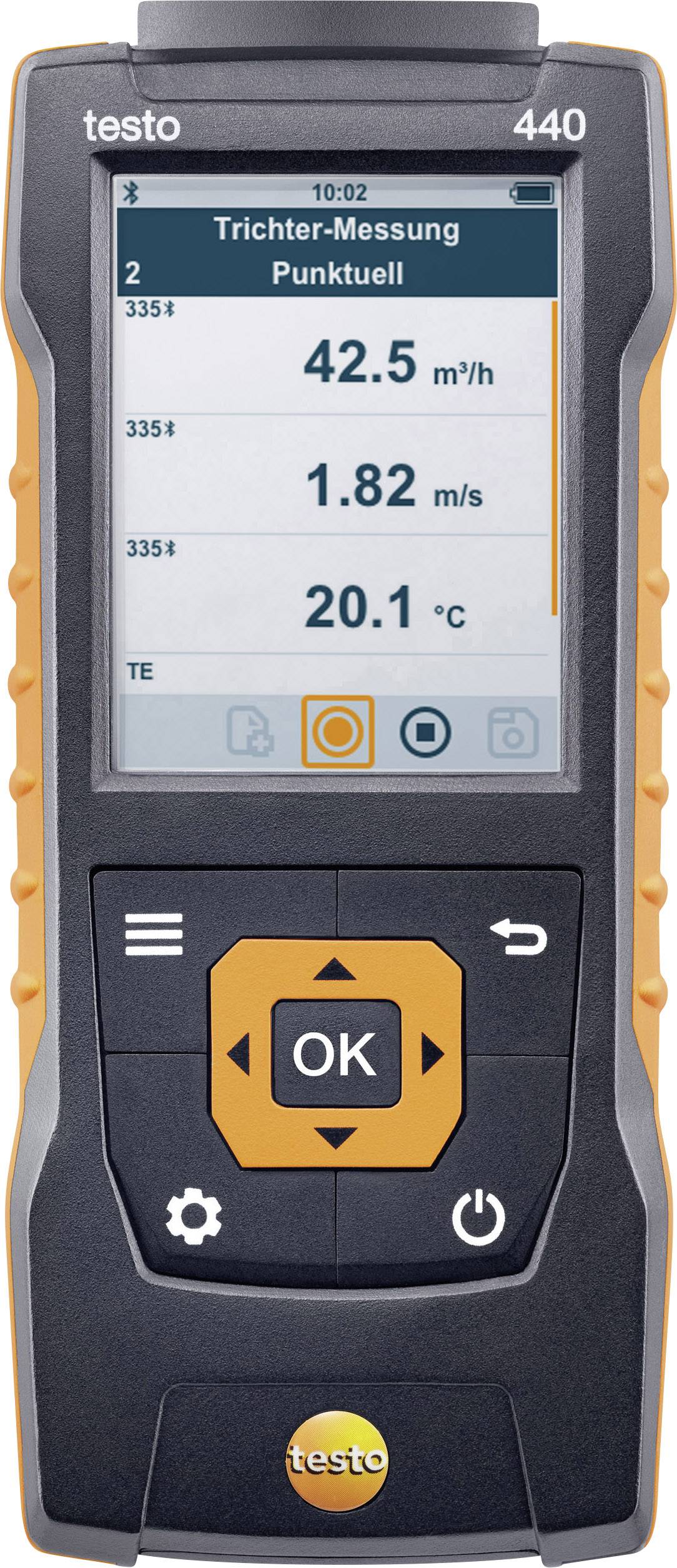 Een digitaal meetapparaat met display toont de luchthoeveelheid (42,5 m³/h en 1,82 m/s) en temperatuur (20,1 °C).