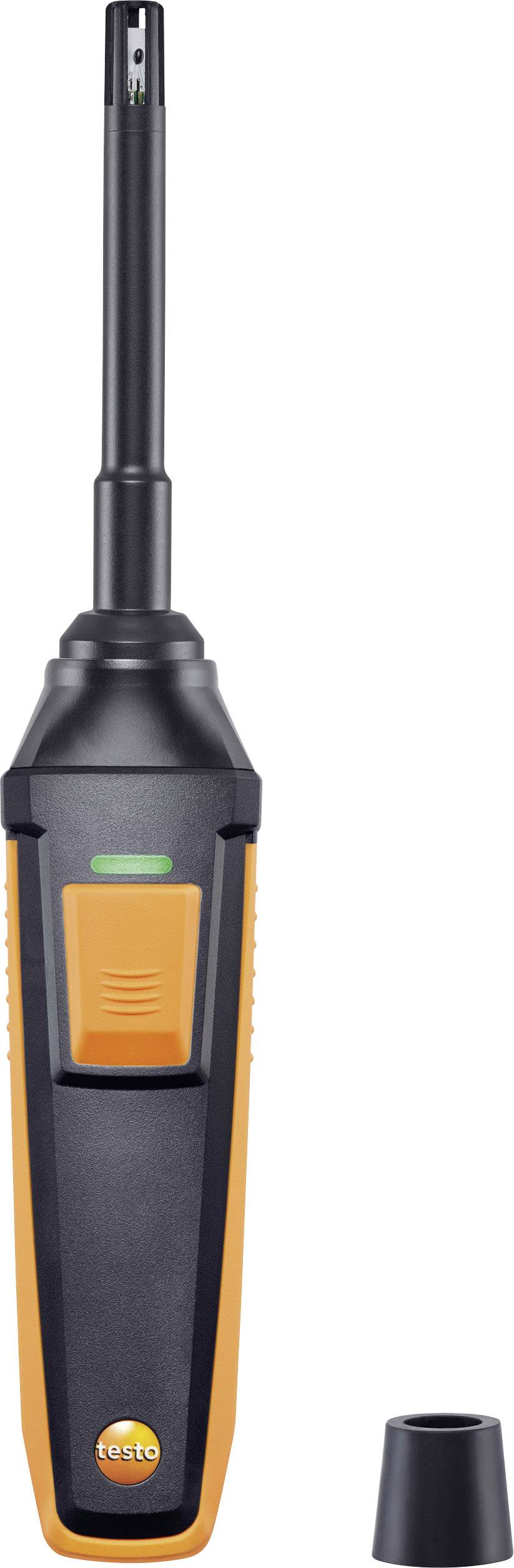 Een oranje-zwart elektronisch meetinstrument met display en knop, vermoedelijk een klimaatmeetapparaat.