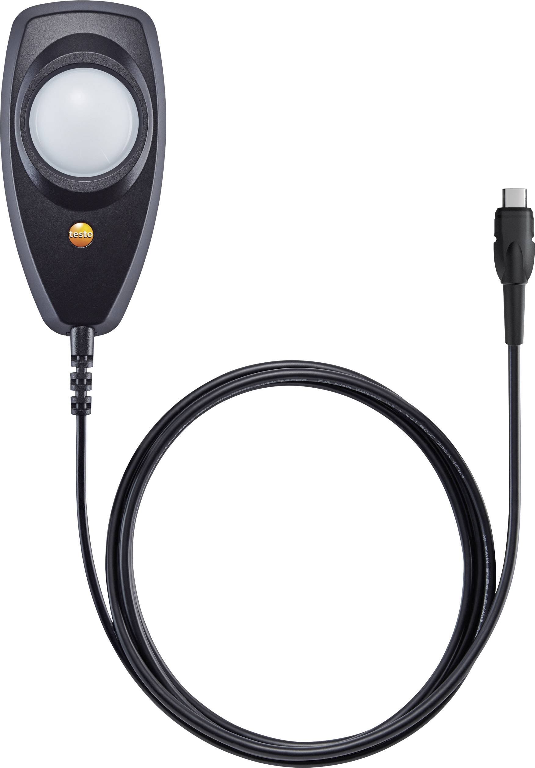 Een digitale lichtmeter, bestaande uit een sensor met een ronde lichtdetector en een lang kabel met USB-aansluiting voor het meten van lichtsterkte.