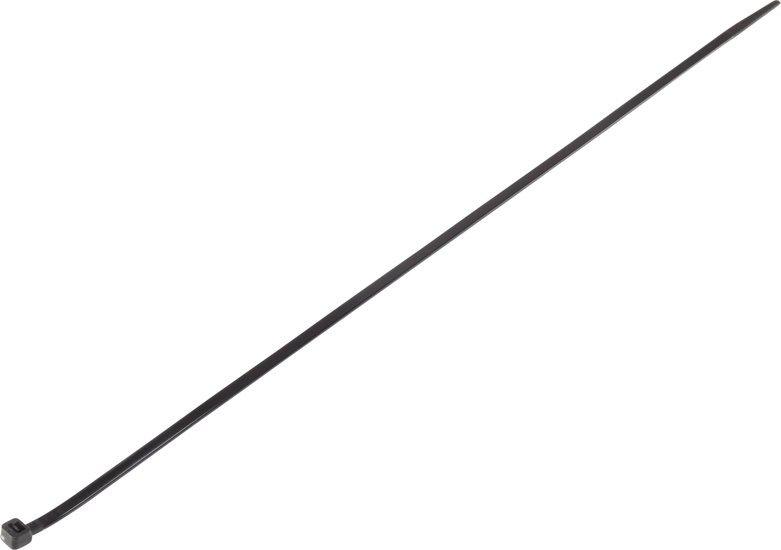 Een enkele zwarte kabelbinder, licht gebogen, tegen een neutrale achtergrond.