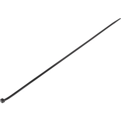 Een enkele zwarte kabelbinder, licht gebogen, tegen een neutrale achtergrond.