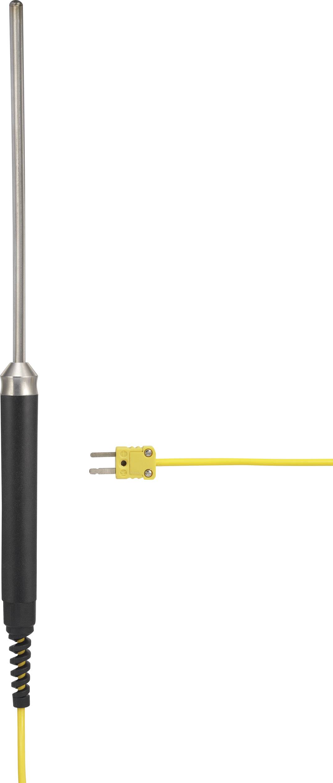 Temperatuursensor met metalen sonde en geel kabel, geschikt voor nauwkeurige temperatuurmetingen in laboratorium- en industriële omgevingen.