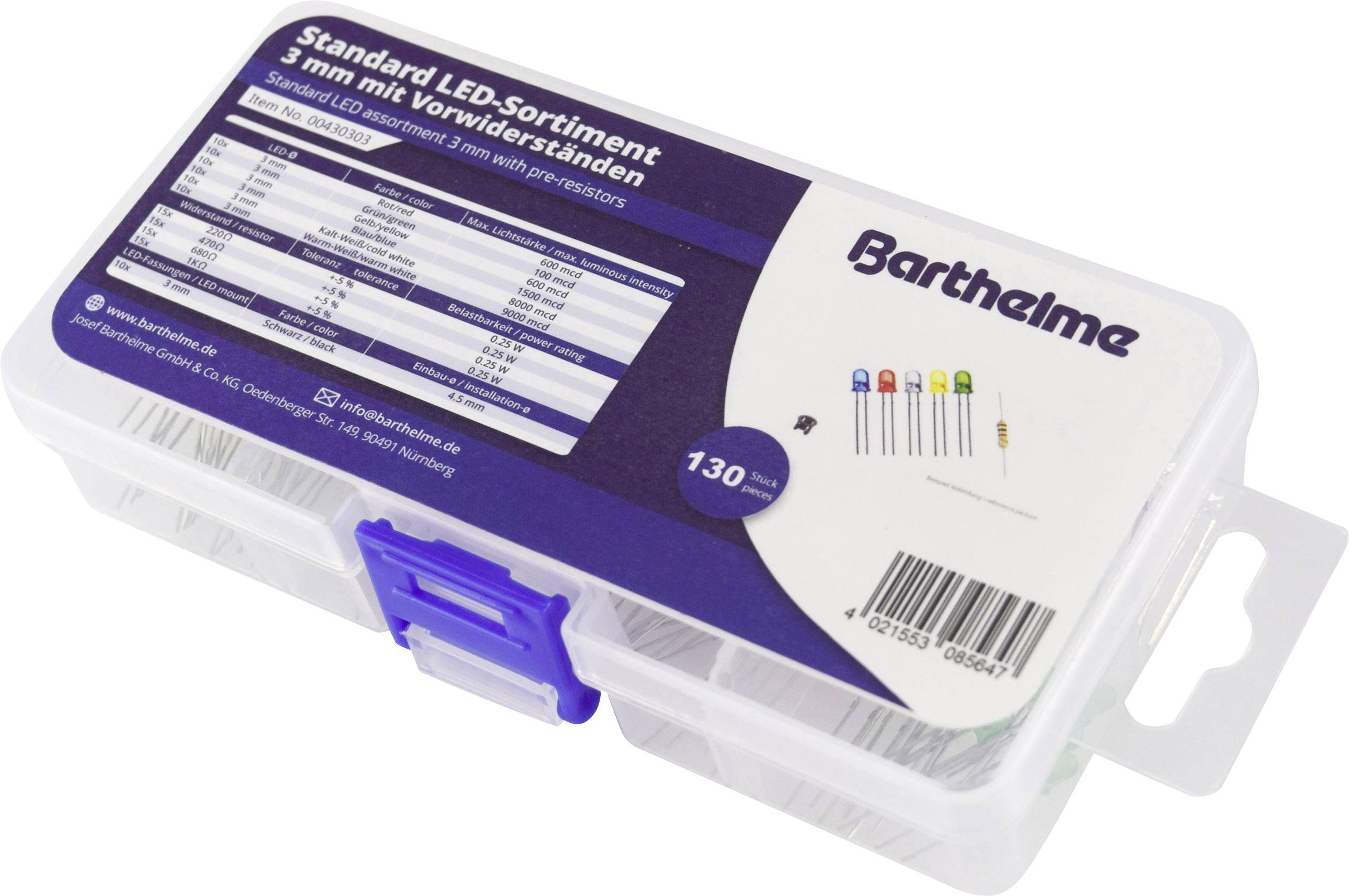 Plastic doos met opschrift 'Standaard LED-assortiment 3 mm met voorweerstanden'. Bevat gekleurde LED's en weerstanden.