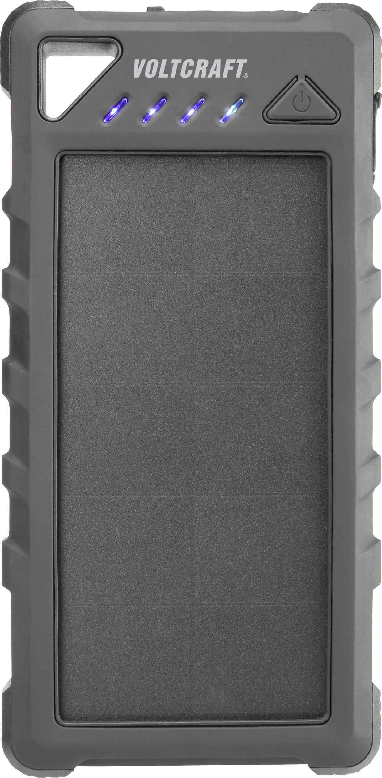 Grijze powerbank van het merk 'Voltcraft' met vier blauwe LED-indicatoren en een zichtbare aan- en uitschakelaar.