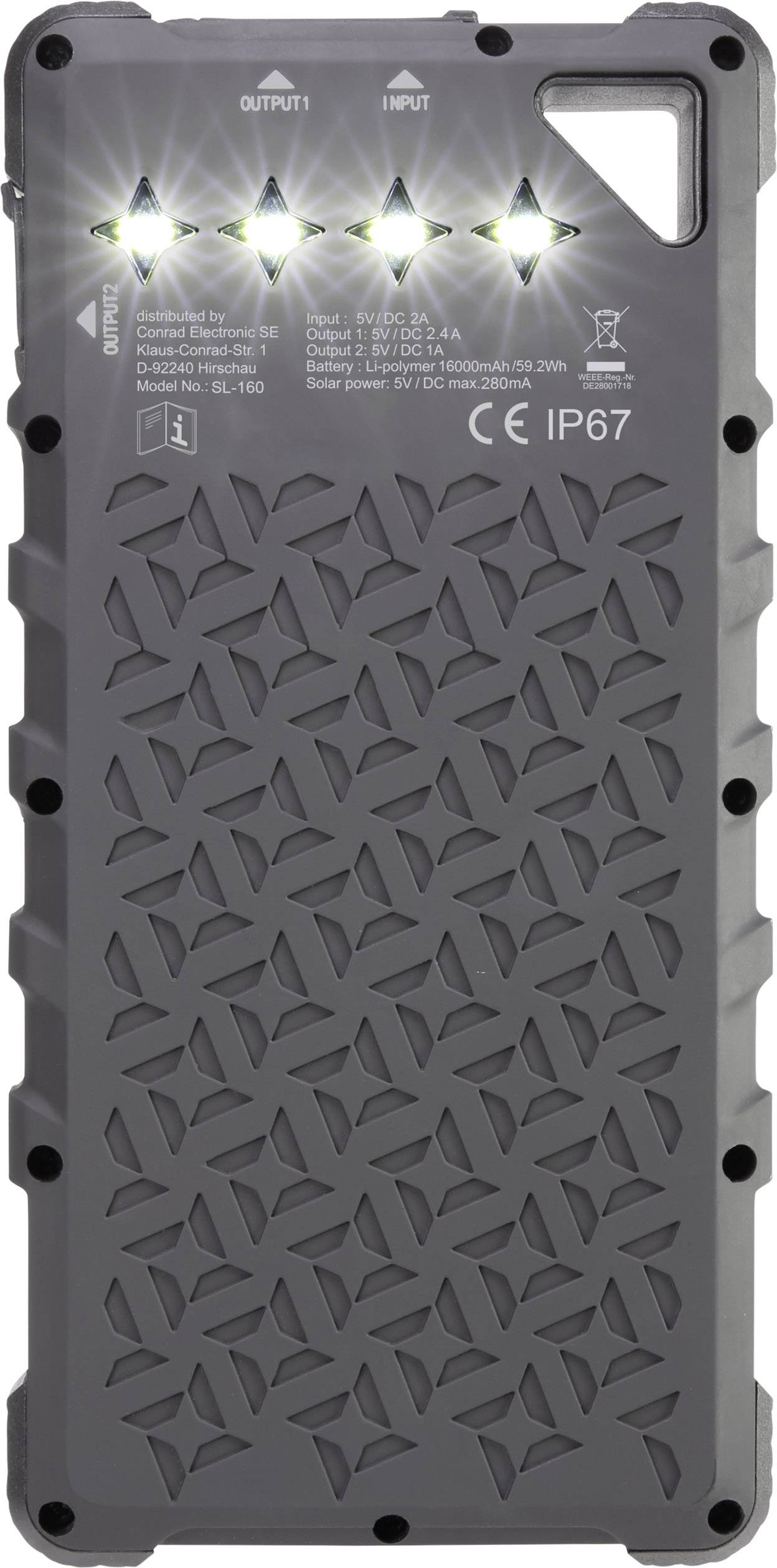 Achterkant van een robuuste powerbank met vier led-lampjes die de oplaadstatus aangeven. Voorzien van technische specificaties en IP67-beschermingsklasse.