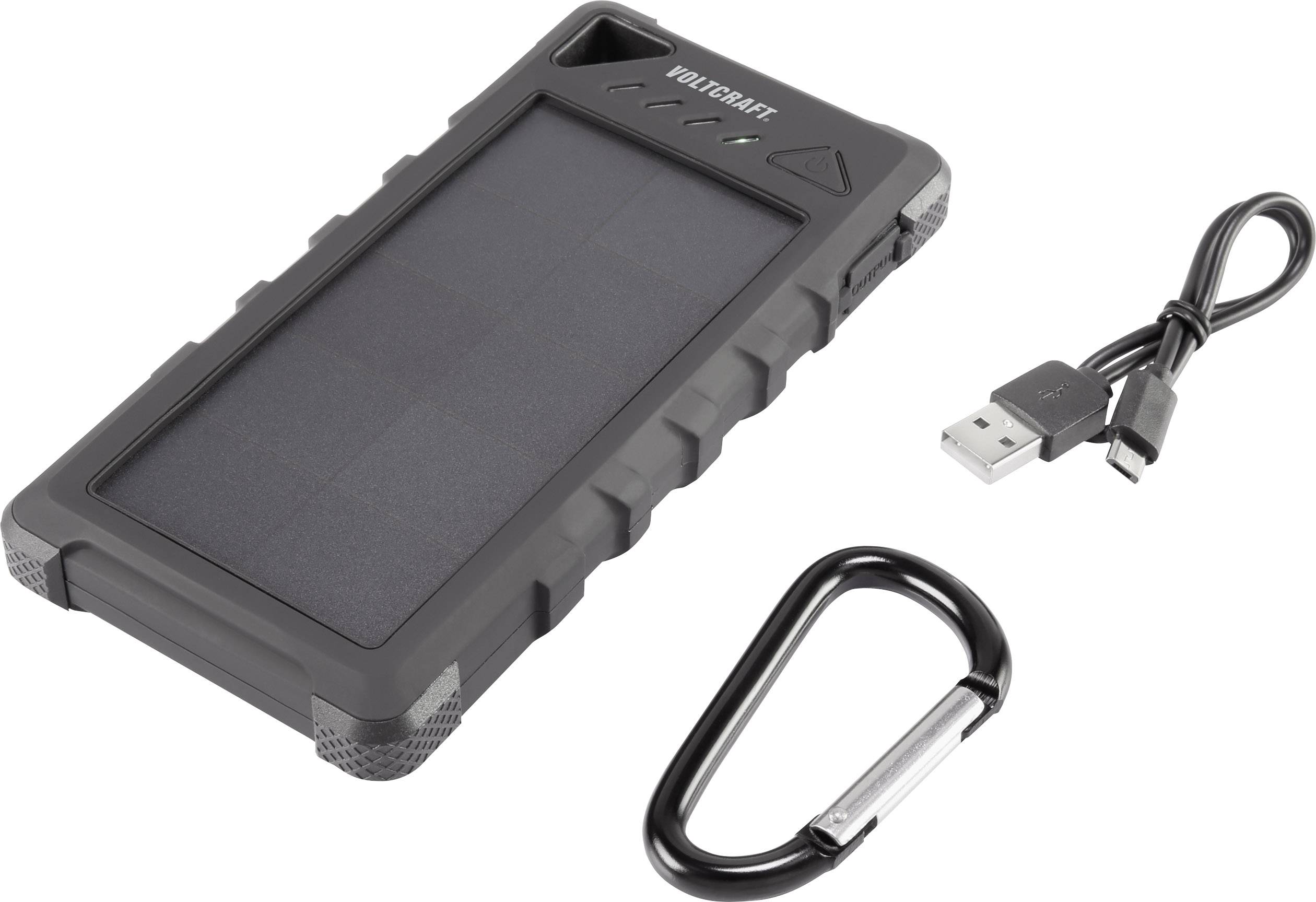 Draagbare, robuuste zonnelader met USB- en Micro-USB-aansluiting, inclusief karabijnhaak en kabel. Ideaal voor buitenactiviteiten.