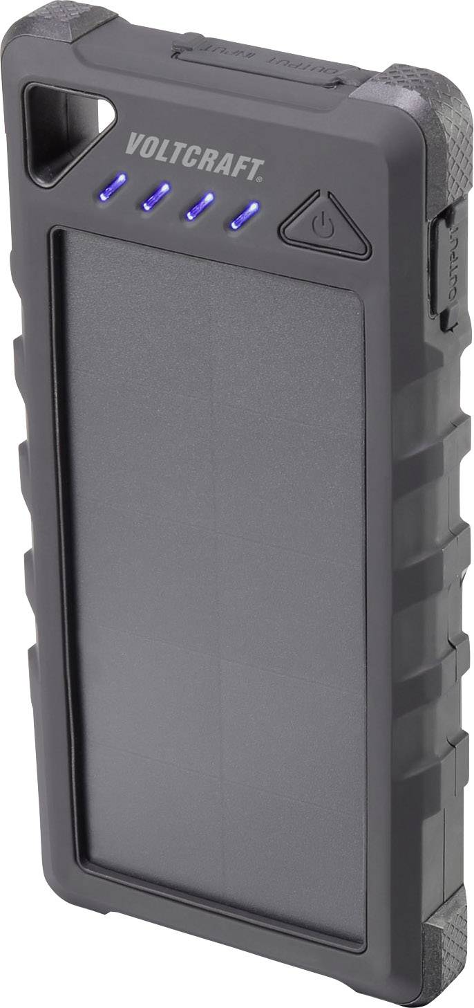 Een draagbare powerbank van Voltcraft, zwarte behuizing met blauwe LED-indicatoren en aan-/uitschakelaar, robuust ontwerp.