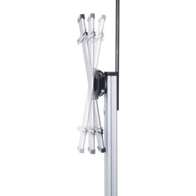 Monitorsteun met een draaibare metalen arm, toont bewegingsradius voor flexibele schermpositionering.