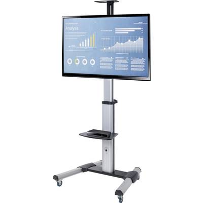 Een presentatiemonitor op een statief toont bedrijfsgrafiek met een staafdiagram en lijngrafiek die analysegegevens visualiseren.