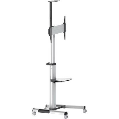 Een zilveren, mobiele schermstandaard met wielen en verstelbare bevestiging, plus een middenplateau voor opberging.