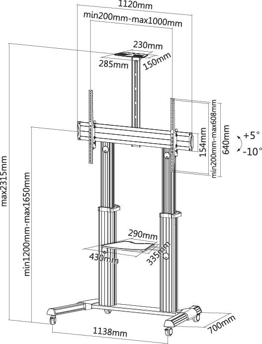 Technische tekening van een verstelbare steun, toont gedetailleerde afmetingen van verschillende onderdelen, aangegeven in millimeters.