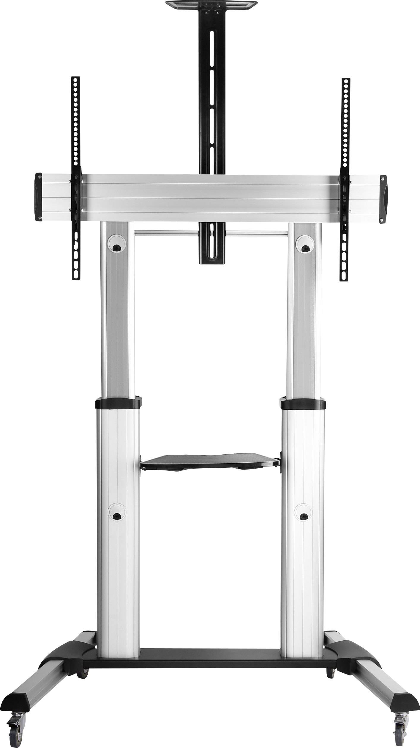 Een in hoogte verstelbare tv-standaard, geschikt voor grote beeldschermformaten, met een robuust metalen frame en wielen voor gemakkelijke verplaatsbaarheid.