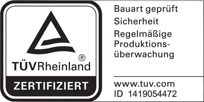 Certificaat van TÜV Rheinland voor geteste veiligheid en regelmatige productiecontrole. Website: www.tuv.com ID: 1419054472.